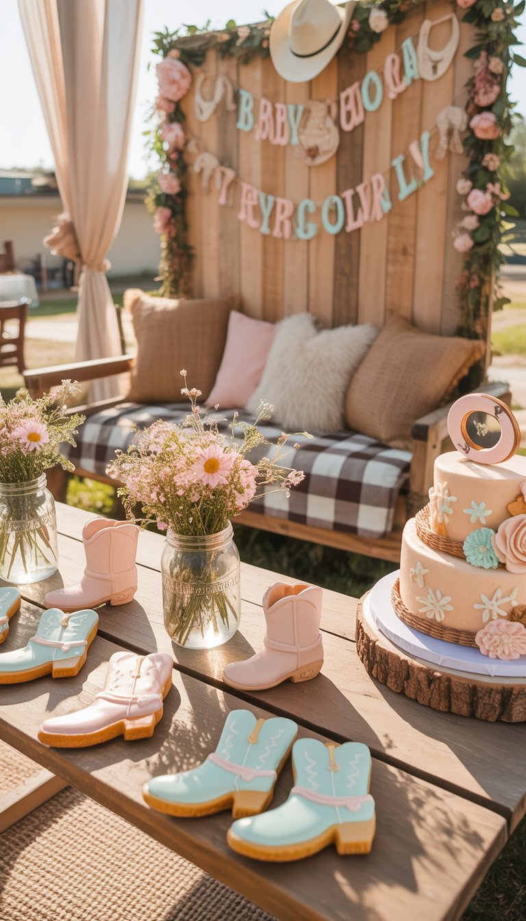 A rustic baby shower setup with cowgirl-themed decorations including cowboy hats, wildflowers, cookies shaped like cowboy boots, and a decorated cake on a wooden table.